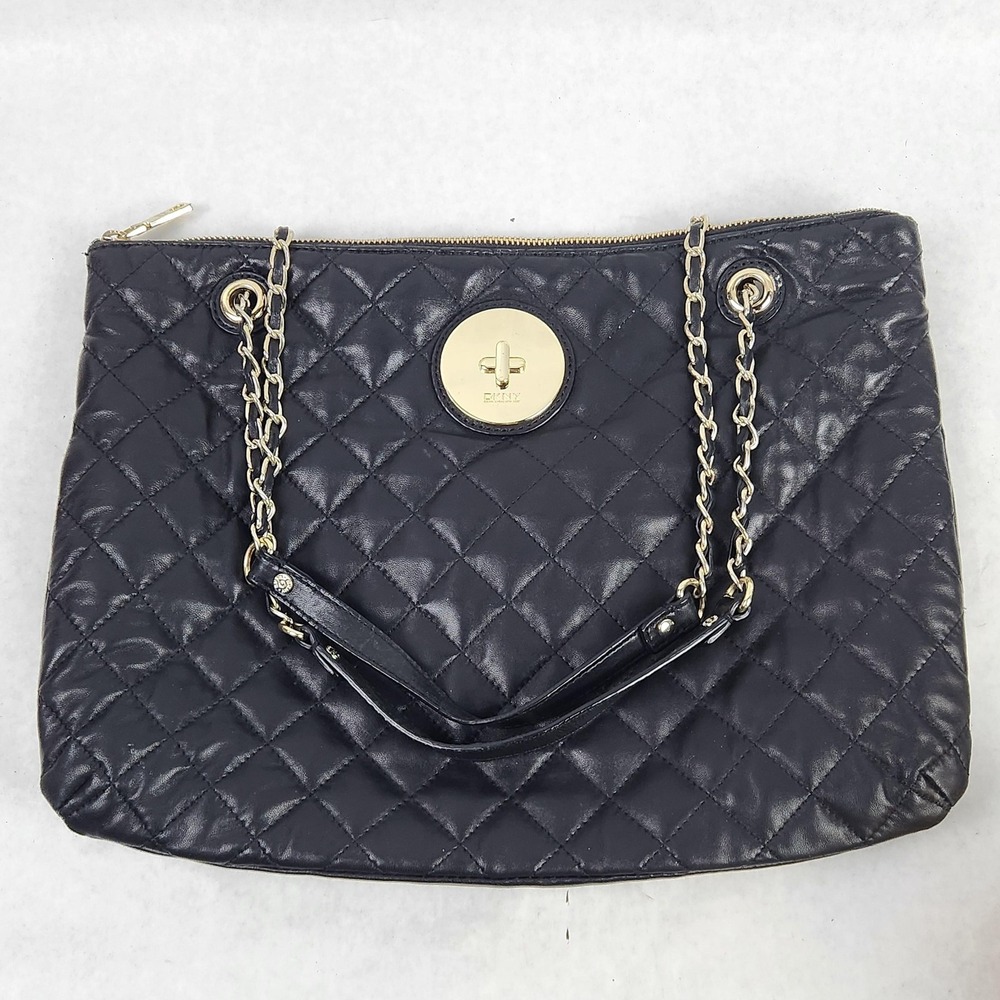 DKNY Shoulder Bag Womens Large Black Quilted Leather Chain Strap Gold Logo